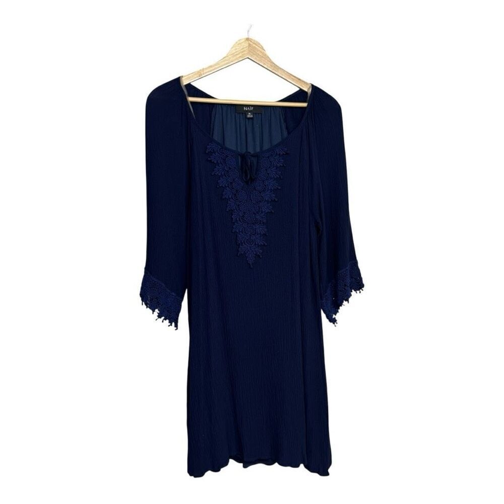 Naif‎ Women's navy blue Embroidered Flowy Peasant Midi Dress, SZ XL